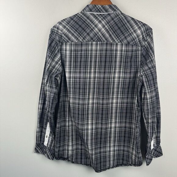 English Hero Men’s Large Shirt Eminence Black Button Up Geometric Cuff Pocket - Picture 9 of 11